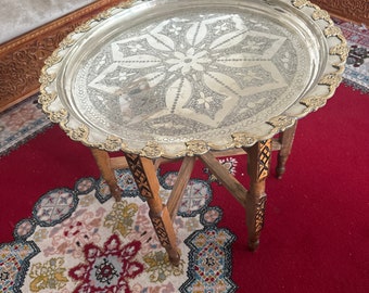 Handmade hand engraved vintage Moroccan brass table tray with handcrafted folding wooden legs