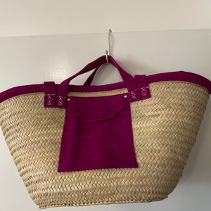Handmade Moroccan basket genuine hand stitched suede with long shoulders strap and handles, with a front pocket Moroccan Bascket, palm trees