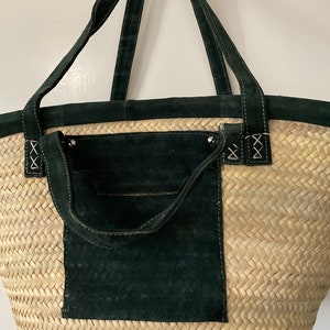 Handmade Moroccan basket genuine hand stitched suede with long shoulders strap and handles, with a front pocket Moroccan Bascket, palm trees