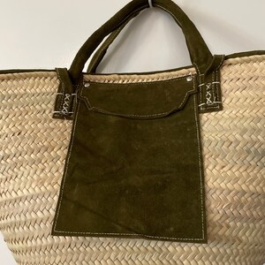 Handmade Moroccan basket genuine hand stitched suede with long shoulders strap and handles, with a front pocket Moroccan Bascket, palm trees