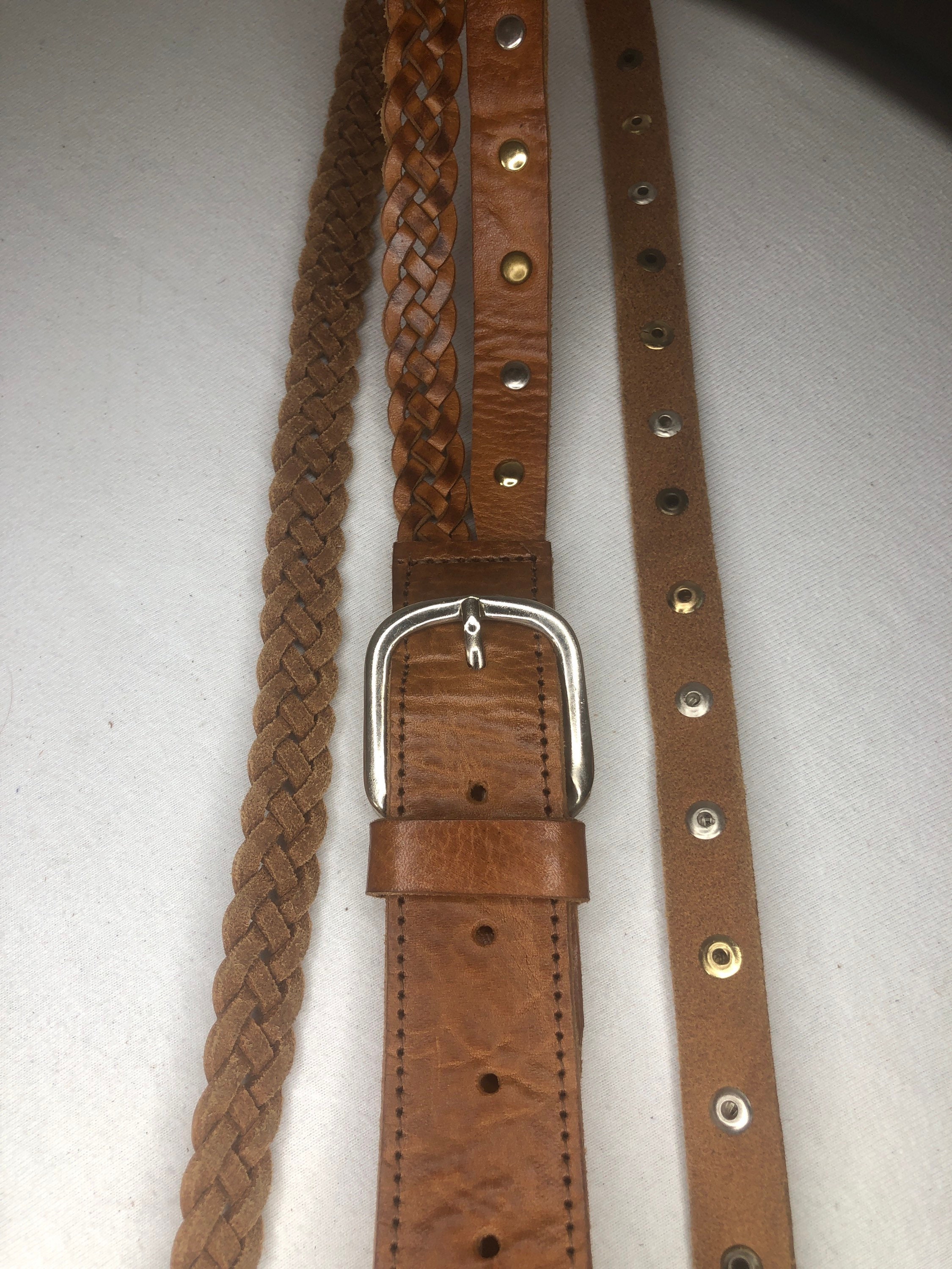 メンズ ブラウン ハンドメイド モロッコレザーベルト：スタッズ＆織り 