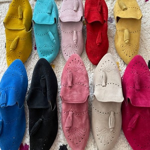 Moroccan ladies Taupe organic suede leather handmade pointed babouche slipper, gift for her