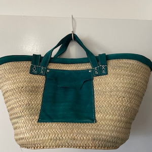 Handmade Moroccan basket genuine hand stitched suede with long shoulders strap and handles, with a front pocket Moroccan Bascket, palm trees