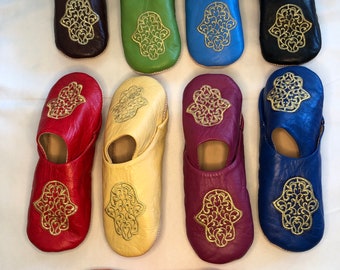 Genuine Moroccan Hand of Fatima embroidered leather slippers