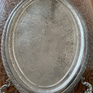 Handmade handcrafted Moroccan vintage Antique silver tray
