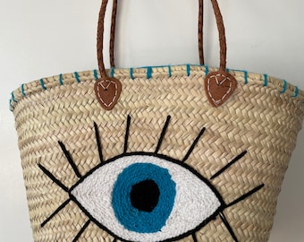 Moroccan handmade embroidered &quot;evil eye&quot; good luck charm basket bag