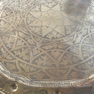 Handmade handcrafted Moroccan vintage brass table with handcrafted wooden folding wooden legs