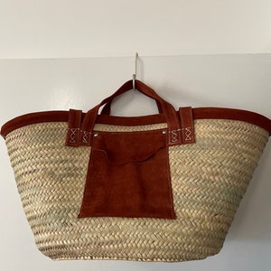 Handmade Moroccan basket genuine hand stitched suede with long shoulders strap and handles, with a front pocket Moroccan Bascket, palm trees