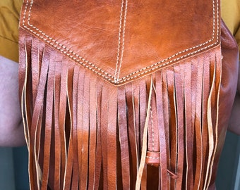 Moroccan Leather fringe tassel tan handmade organic backpack