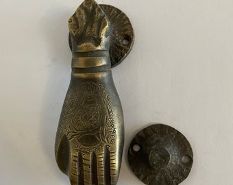 Handmade Moroccan vintage door knocker, hand carved brass hand of Fatima