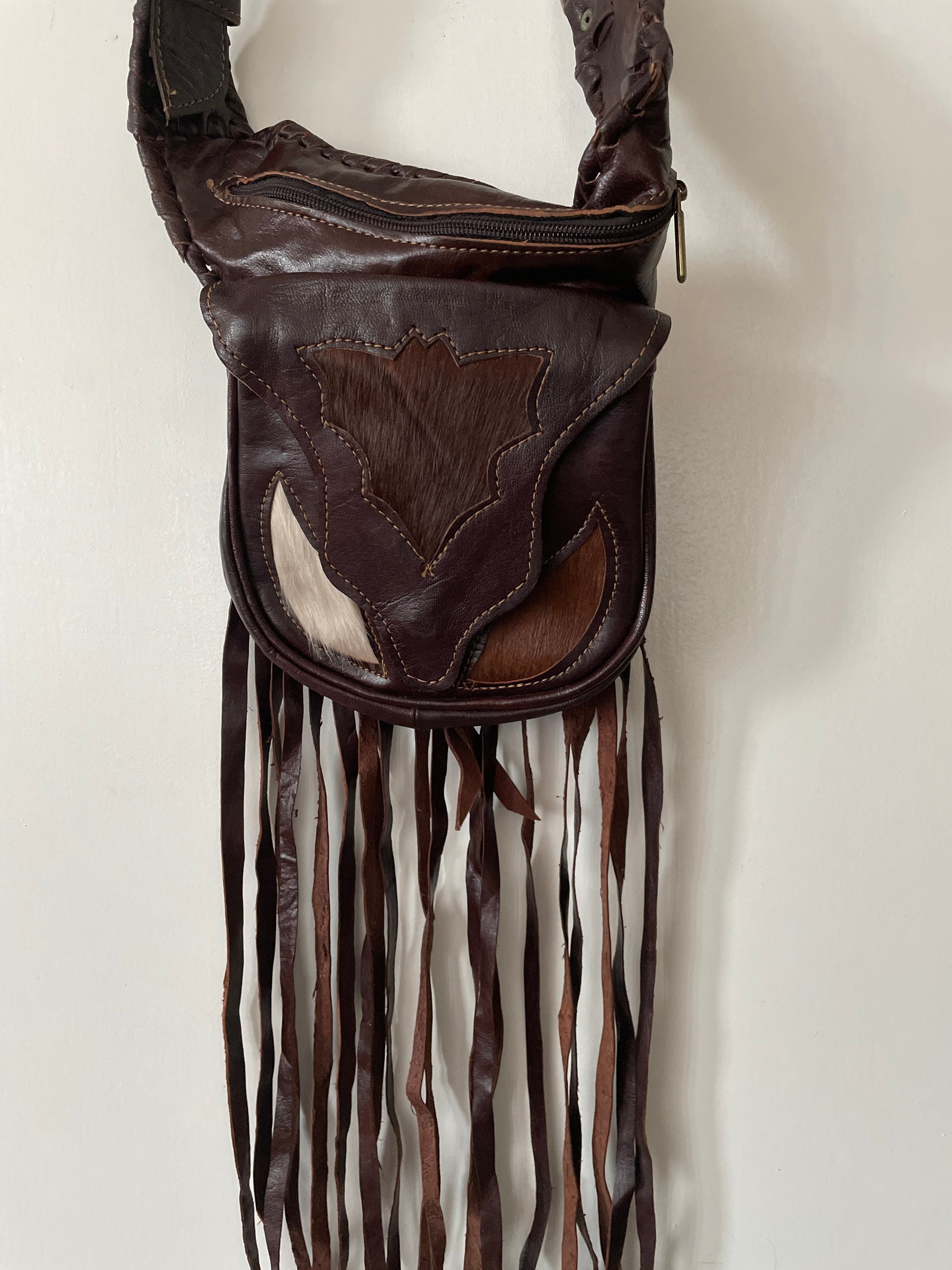 Borsa A Mano In Pelle Con Frange Marrone - Stile Boho, Vintage, Marsupio Da Vita E Spalla