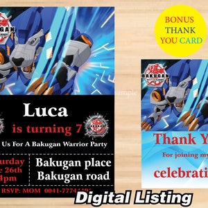 Bakugan-uitnodiging + gratis bedankkaart, Bakugan-feest, Bakugan-verjaardag – afdrukbaar