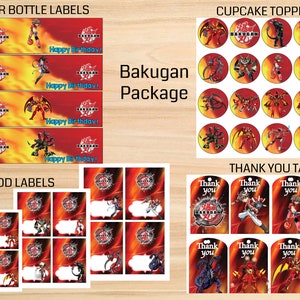 Instant Download - Bakugan package, including: 8 thank you tags,  12 food labels, 16 cupcake toppers, 4 water bottle labels – Printable
