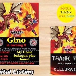 Bakugan-uitnodiging + gratis bedankkaart, Bakugan-feest, Bakugan-verjaardag – afdrukbaar