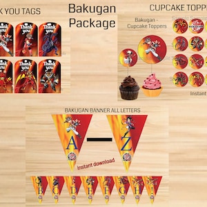 Instant Download - Bakugan package including: 8 thank you tags,  Banner with all letters, 16 cupcake toppers -  Printable