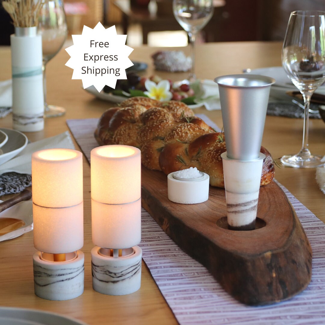 Jewish Table Set, Rosh Hashanah Gift, Kiddush Cup, Shabbat Candlesticks