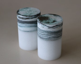 Modern Salt and Pepper Shaker, Made from Dead Sea Salt, Housewarming Gift, Minimalist kitchen Accessories, Teal Decor, Wabi Sabi Design