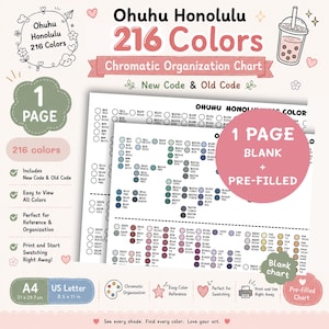 May include: Ohuhu Honolulu 216 Colours Chromatic Organisation Chart featuring a pre-filled and blank page. The chart includes new and old colour codes, A4 and US Letter size options, and a visual layout of colour swatches for reference and organisation.