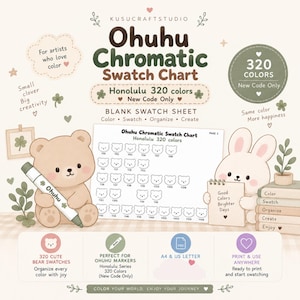May include: A digital Ohuhu Chromatic Swatch Chart for 320 colours, featuring a bear holding a marker and a rabbit holding a notepad. The chart includes bear-shaped outlines for colour testing, text labels, and icons for A4 and US Letter printing.