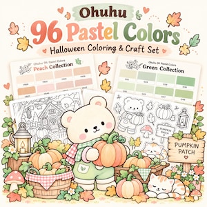 Könnte beinhalten: Ohuhu 96 Pastel Colors Halloween Mal- und Bastelset mit einem Bären, der einen Kürbis hält, Katzen und Herbstblättern. Enthält Peach und Green Farbkarten, ein Pumpkin Patch Schild sowie Ausmalbilder mit Laternen und Pilzen.