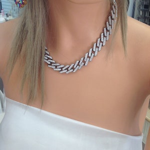Dikke kristallen ketting, hiphopsieraden, hiphopketting, Cubaanse schakelketting, kristallen ketting, zilveren diamant, cadeau voor haar