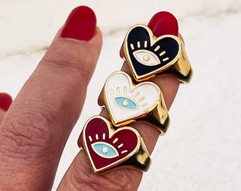 Anello massiccio a forma di cuore con occhio di Allah, anello d'amore, anello da donna, anello in oro massiccio, anello a cuore spesso, anello regolabile, anello impilabile, regalo per lei