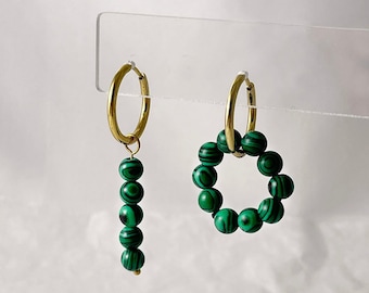 Malachite Gold Hoop Earrings, Beaded Charm Dangle Huggies