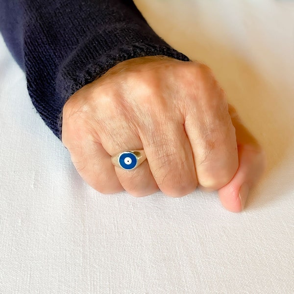 Blue Evil Eye Men Ring, Silver Adjustable Ring, Anxiety Ring, Minimalist Open Ring, Greek Protection Jewelry, Unisex Pinky Ring Mens Gift