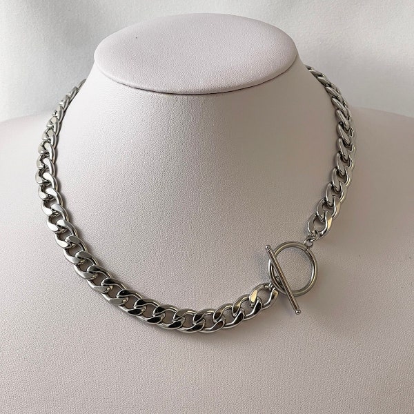 Zilveren dikke choker ketting, waterdichte roestvrijstalen kinketting knevelsluiting, verklaring Cubaanse schakelketting, cadeau voor haar, hem