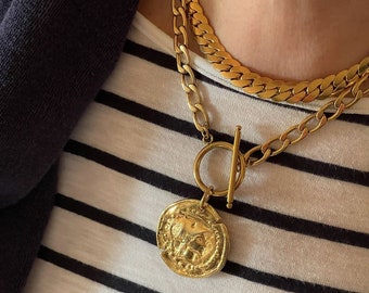 Athena-muntketting, dikke godinketting, gouden gelaagdheid ketting voor vrouwen, curb Toggle-ketting, Griekse sieraden in oude stijl