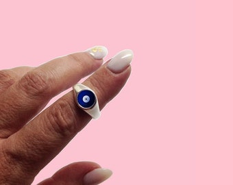 Anello con occhio di Allah in argento, anello impilabile, anello con occhio di Allah, anello regolabile, occhio di Allah bianco, anello blu, occhio greco, anello di protezione, energia positiva