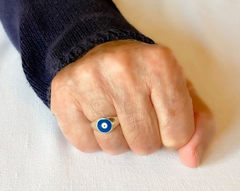 Blue Evil Eye Men Ring, Silver Adjustable Ring, Anxiety Ring, Minimalist Open Ring, Greek Protection Jewelry, Unisex Pinky Ring Mens Gift