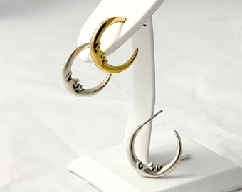 Crescent Moon Hoop Earrings, Celestial Witchy Jewelry, Gold & Silver Plated