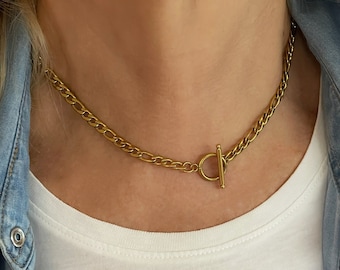 18K Gold Toggle Necklace, Layered Figaro Chain, T Bar Unisex Necklace, Toggle Clasp Choker Christmas Gift For Her, Waterproof Necklace Stack