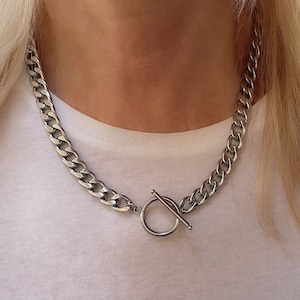 Chunky Silver Necklace, Thick Chain Choker, Toggle Clasp Necklace, WATERPROOF Stainless Steel Cuban Link Chain, Best Friend Gift For Her
