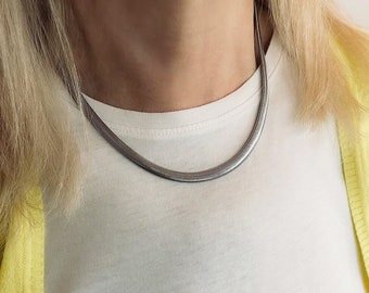 Herringbone Necklace Silver, Snake Chain Necklace, Flat Snake Chain, Stainless Steel Choker Necklace, Herringbone Choker Waterproof Necklace