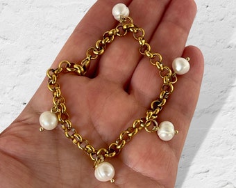 Pearl Charm Bracelet, 18K Gold Stainless Steel Dangle Beaded Bracelet