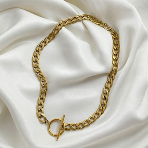 Chunky Gold Layering Necklace, Cuban Chain Choker, WATERPROOF Toggle Necklace, Minimalist Bridal Jewelry, Perfect Anniversary Gift For Wife