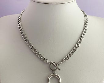 Silver Crescent Moon Necklace, Stainless Steel Curb Chain, Celestial Jewelry