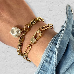 Gold Paperclip Chain Bracelet, Mother of Pearl Charm, CZ Clasp