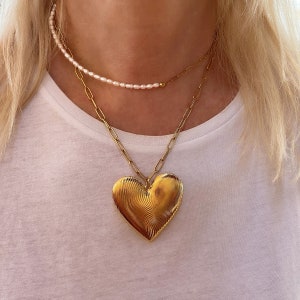 Chunky Heart Paperclip Necklace, Pearl Necklace, Large Puffy Heart Pendant, Statement Jewelry Perfect For Layering, Anniversary Gift For Her