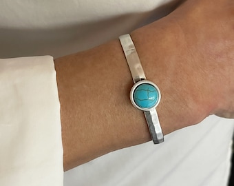 Türkis Edelstein Silber Manschette Armband, Gehämmert Boho Armreif