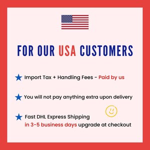 Peut inclure: Graphique rouge et blanc avec le texte "FOR OUR USA CUSTOMERS" en bleu et rouge. L'image comprend le drapeau am&eacute;ricain et des puces concernant les taxes d'importation, les frais suppl&eacute;mentaires et l'exp&eacute;dition.