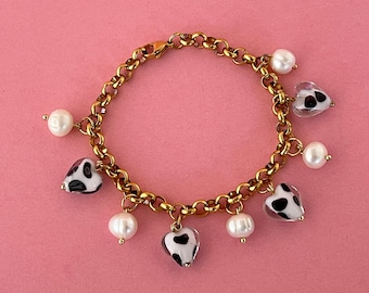 Pearl Heart Charm Bracelet, Gold Plated Stainless Steel, Freshwater Pearls