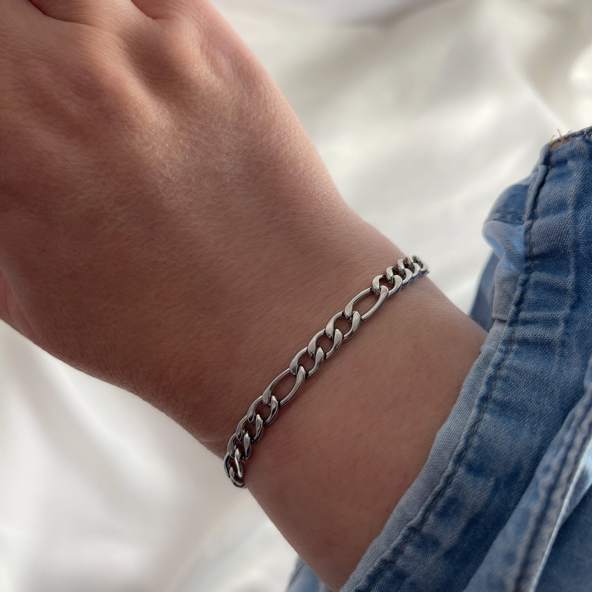 Silver Figaro Chain Bracelet, WATERPROOF Stainless Steel