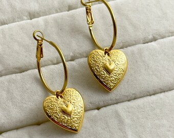 Pendientes de aro colgantes con forma de corazón dorado, regalo de joyería minimalista para novia.