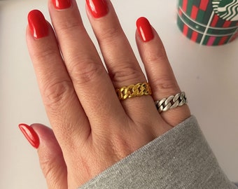 Bague chaîne, bagues réglables en or et argent, bague à maillons cubains, bague tendance, bagues bohèmes, bagues empilables, bague minimaliste, cadeau pour elle