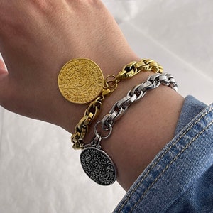 Coin Charm Chunky Bracelet, Gold Chain Bracelet For Women, Ancient Greek Jewelry, Large Coin Statement Bracelet, Gift For Her