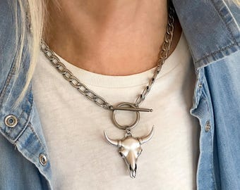Bullhead Necklace, Longhorn Bull Necklace, Taurus Western Necklace, Animal Jewelry, Strength Necklace, Cowgirl Birthday Gift Chunky Necklace