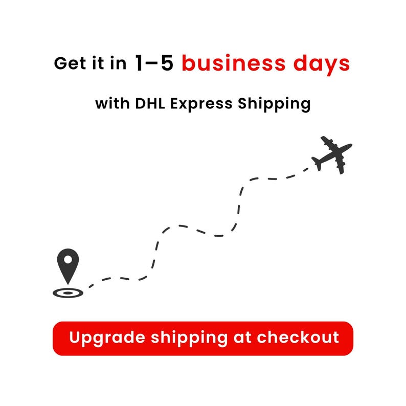 Pu&ograve; includere: Sfondo bianco con un'icona di aereo nera, una linea tratteggiata e un segnaposto di posizione. Il testo recita "Get it in 1-5 business days" e "Upgrade shipping at checkout" in un rettangolo rosso.